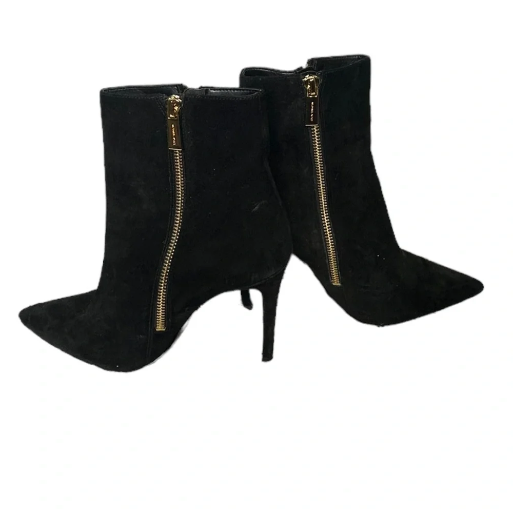 Michael Kors Keke Black Suede Gold Zip Pointed Toe Stiletto Ankle Boots Size 7.5 - Picture 3 of 9